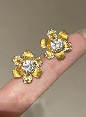 法式复古拉丝太阳花镶钻吊坠项链时尚轻奢真金电镀满钻花朵耳钉女