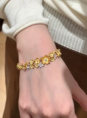 复古金玉满棠璀璨海棠花闪钻镀金手链新中式精致手环手饰配饰女