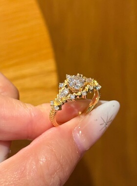 vintage中古枝叶缠绕镀金戒指小众高级感万缕藤蔓手饰锆石钻戒女