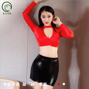 欲之诱惑漆皮皮尤高弹油亮镂空超短裙职业女性装长袖紧身上衣T裤