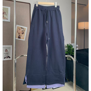 le rouge周美美【26号晚8点新品】蓝条纹拼接假两件裤脚休闲裤