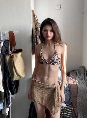 欧美性感比基尼套装ins风分体小胸聚拢度假游泳衣带胸垫豹纹泳装