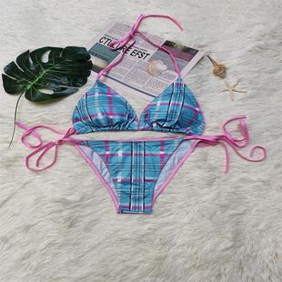 韩国格纹三点式 网红分体泳衣女度假bikini 比基尼性感聚拢显胸个性
