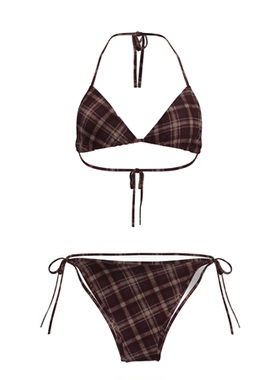 棕色高级感复古印花格子泳衣女挂脖分体三点式比基尼性感泳装套装