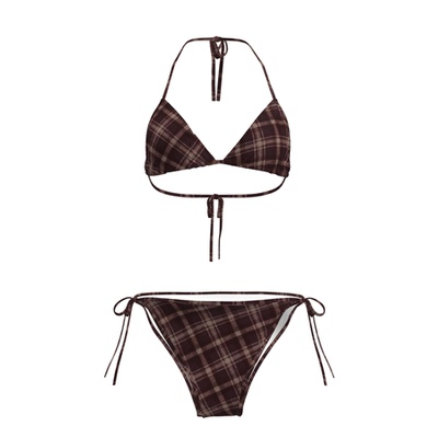 高级感复古棕色格子泳衣女挂脖夏