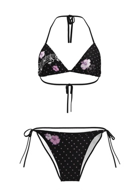 音符扶桑花印花比基尼新款分体泳衣女欧美系绳吊带三点式泳装