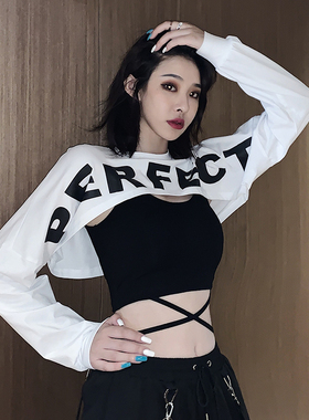 爵士风格女装辣妹女团风字母罩衫搭配绑带短款背心上衣跳舞两件套