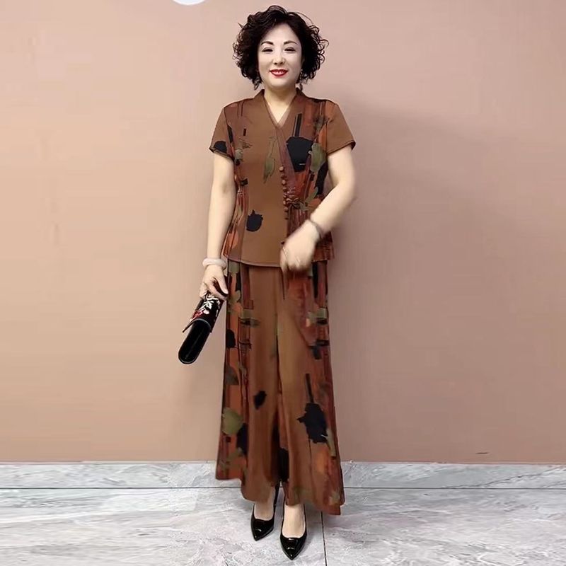 阔太太高端妈妈装真丝套装2025新款中老年夏季两件套印花阔腿裤女