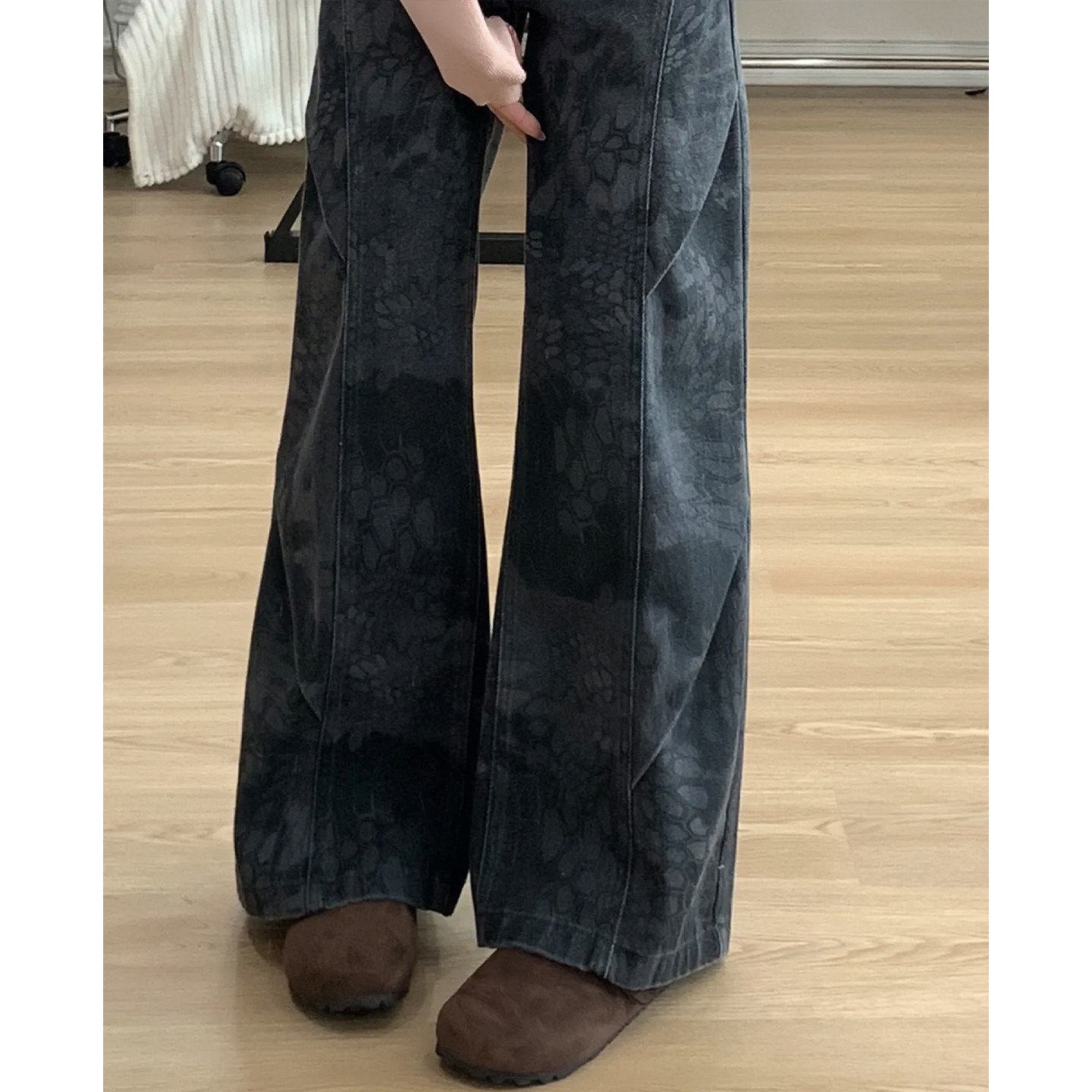 印花牛仔裤女款2026新款大码胖妹妹显瘦工装裤美式高街宽松阔腿裤