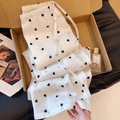 推荐 宽松显瘦休闲裤 爱心刺绣白色亚麻阔腿裤 薄款 子 女夏季 自留款