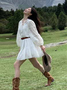 法式欧美白色衬衫连衣裙带腰带收腰女夏天防晒长袖气质小个子短裙