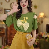 港风复古圆领撞色花朵T恤女夏季 2026年休闲宽松清新百搭减龄上衣