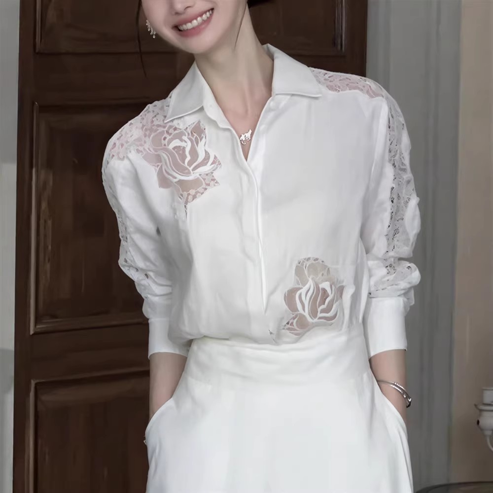 高级感法式时尚气质蕾丝拼接提花长袖衬衫女春秋休闲百搭韩版上衣