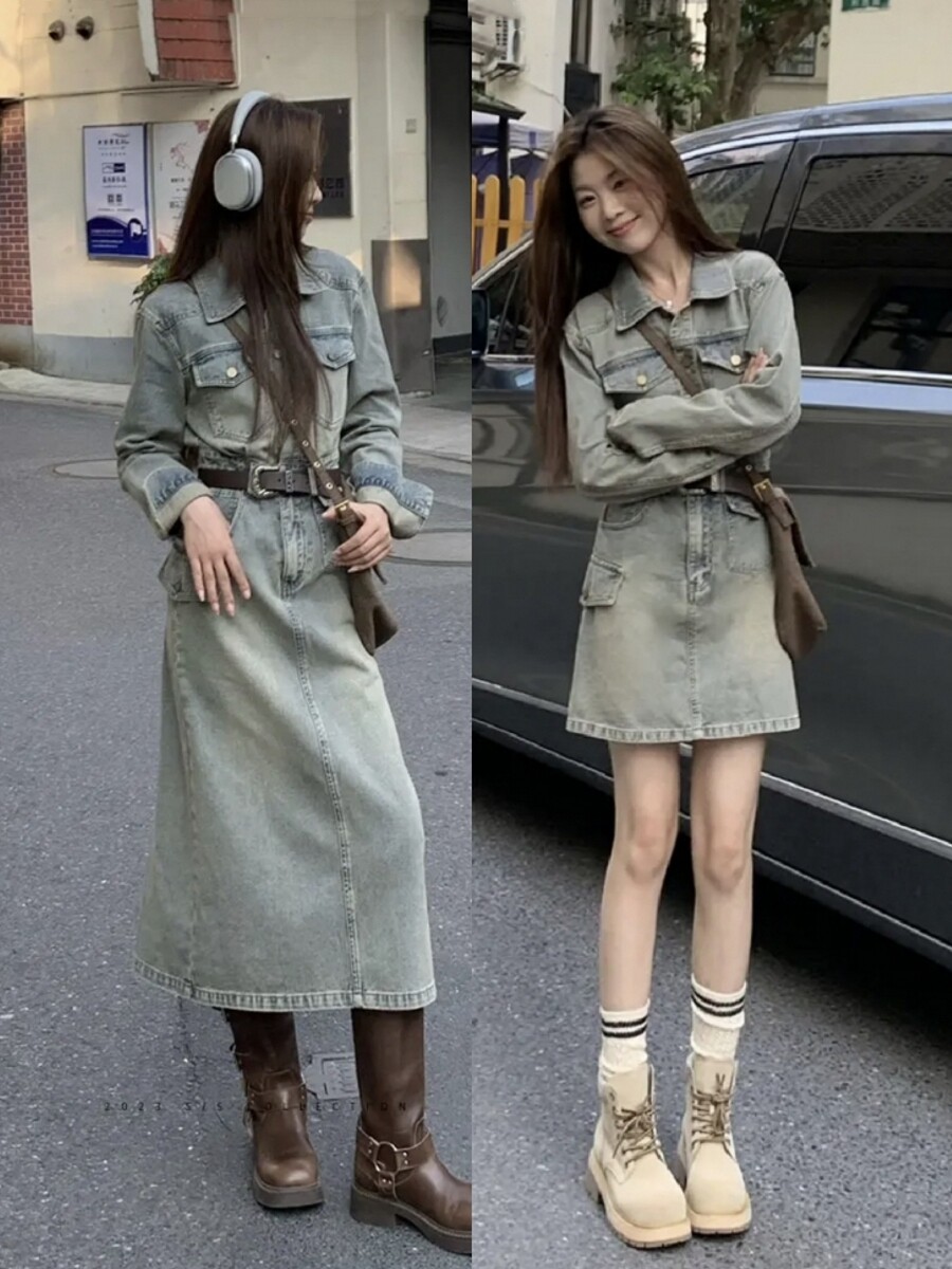 连衣裙超仙度假风复古水洗牛仔短裙女秋新款甜酷辣妹翻领收腰长裙
