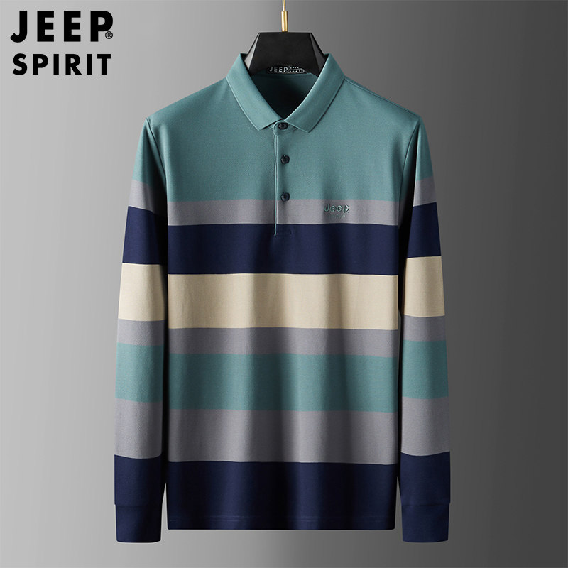 JEEP SPIRIT男士条纹POLO衫休闲时尚宽松修身长袖T恤纯棉上衣