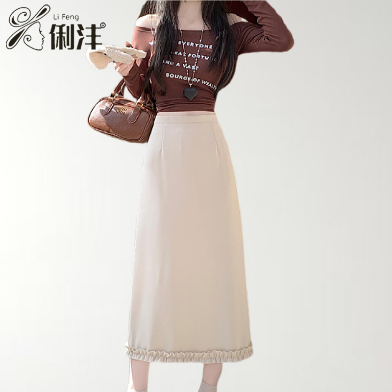 后开叉木耳边西装A字半身裙女2025夏季流行新款高腰直筒中长裙子