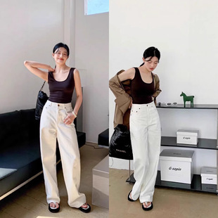 THE白色直筒牛仔裤女高腰宽松显瘦休闲拖地阔腿ROW长裤子2026新款