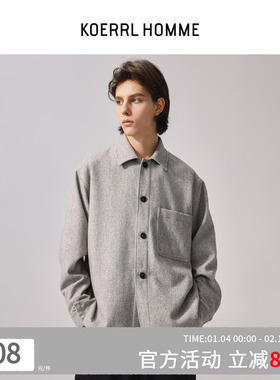 KOERRL LEM风羊毛衬衣纽扣外套 桑蚕丝绵羊毛混纺口袋加厚衬衫