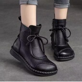 真皮复古平底短靴女2026年秋冬新款 休闲防滑单靴软底妈妈加绒棉鞋
