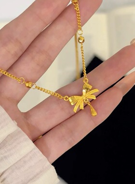 古法沙金拉丝蝴蝶结项链女款轻奢小众设计感锁骨链送女友礼物