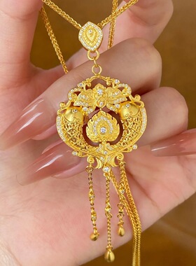 古法沙金双鱼戏莲花吊坠项链女款轻奢高级感