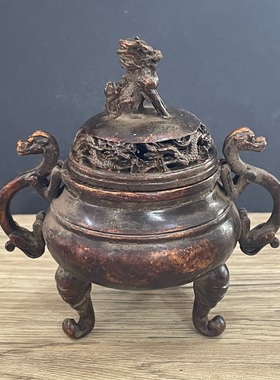 古玩杂项收藏仿铜器熏香炉香道茶道香炉家用室内檀香盘双龙狮盖炉