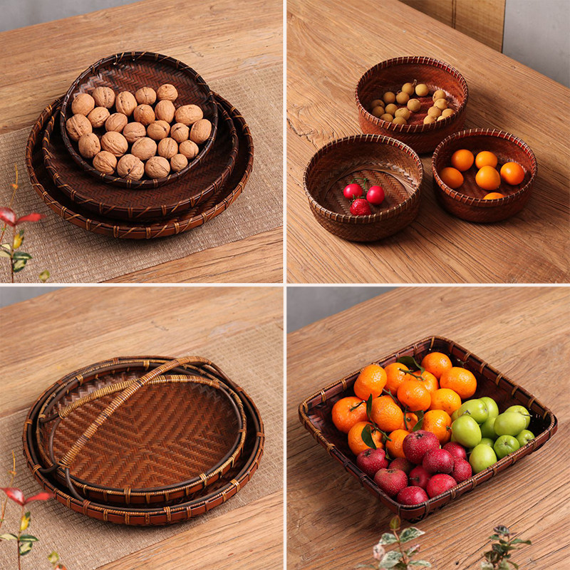 手工复古竹编果盘果篮中式复古做旧圆形竹筐家用零食坚果收纳筐,餐饮具,果盆/果盘/果篮,淘宝优惠券,粉丝福利购,淘宝优惠卷