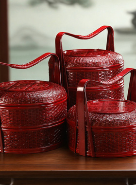 红色竹编手提篮婚庆嫁妆篮收纳篮送餐篮大号复古拜拜篮礼品篮喜盒