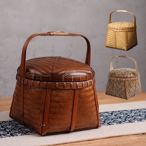 竹编复古带盖手提篮子碳篓收纳篮
