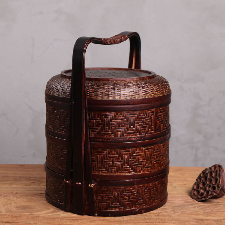 竹編老式復古食盒手提籃子多層