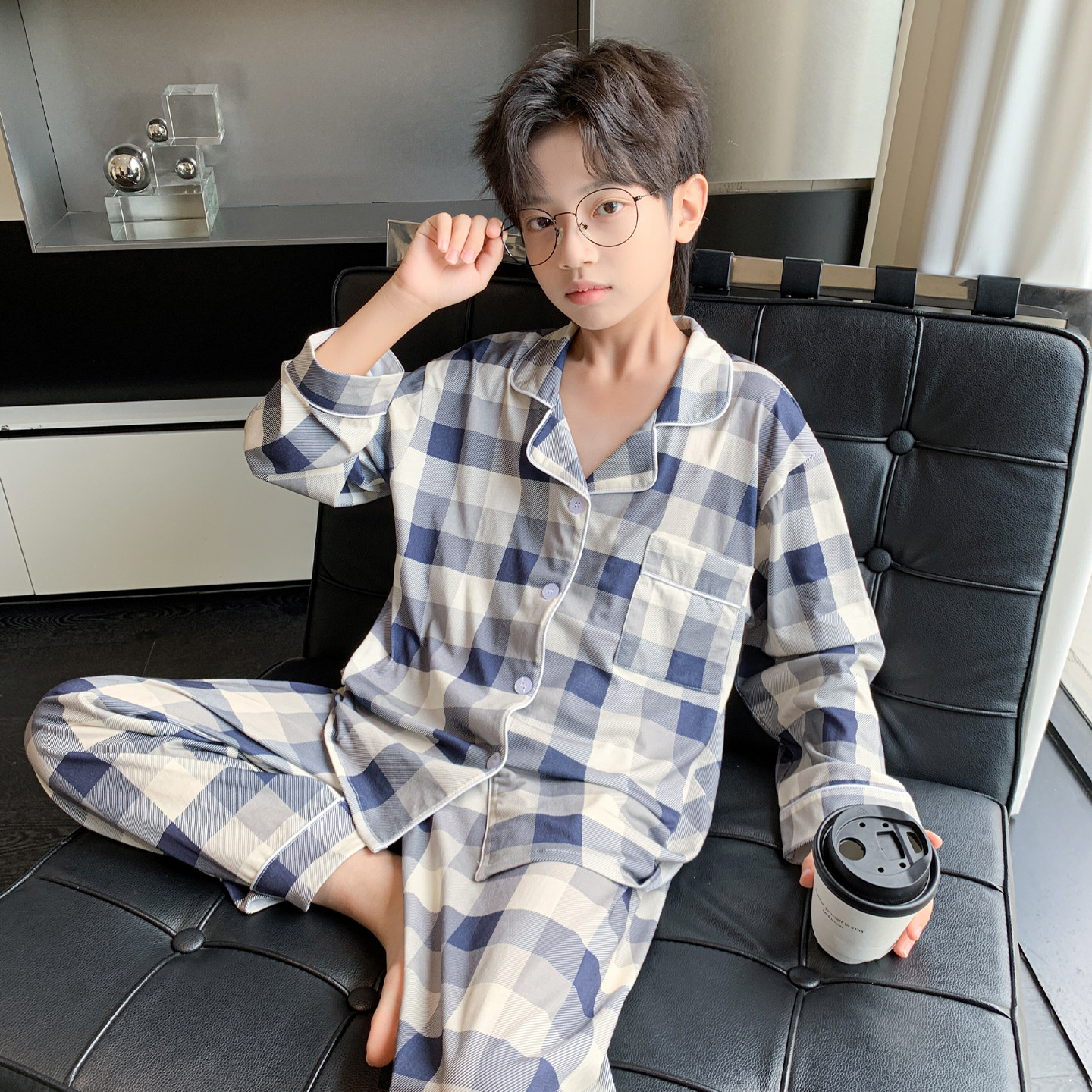 儿童睡衣男童春秋纯棉长袖中大童帅气学生格子开衫家居服韩版套装