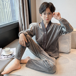 儿童睡衣套装秋冬中大童开衫海岛绒家居服收口薄绒法兰绒两件套潮
