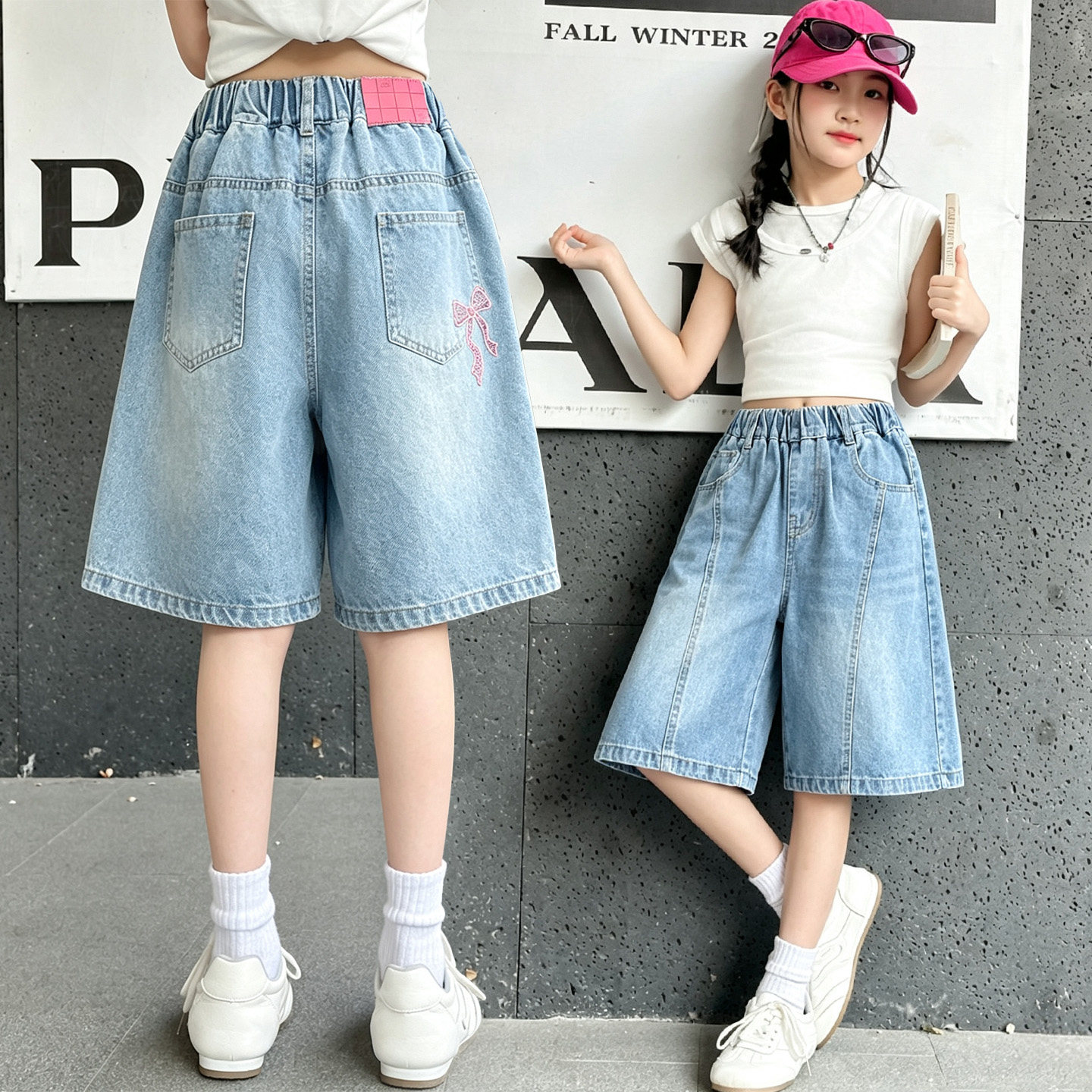 女童牛仔阔腿五分裤时尚绣花宽松女孩夏季薄款透气中大童休闲短裤