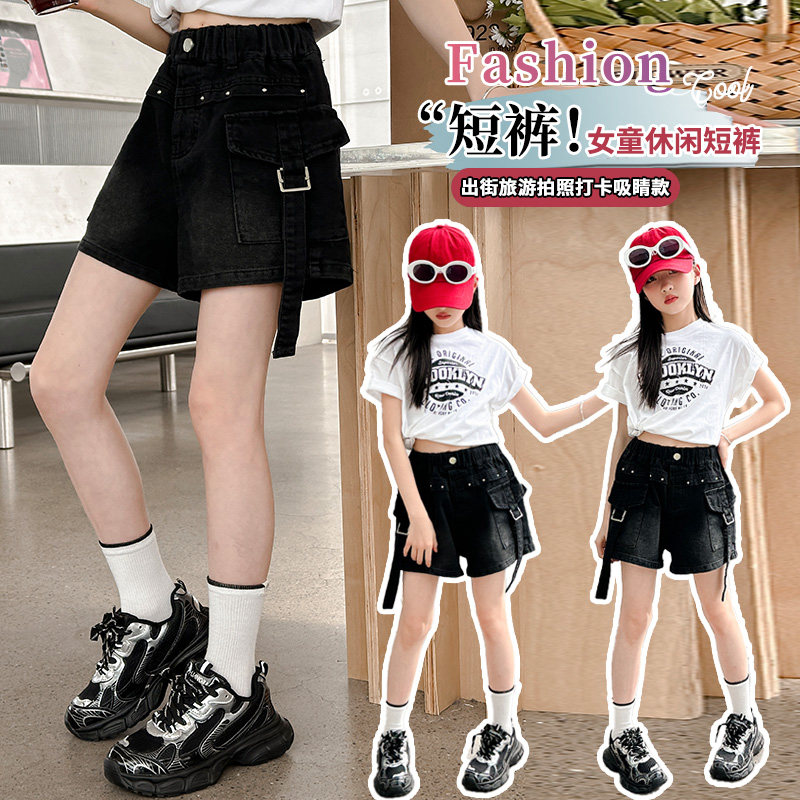 夏装黑色女童牛仔短裤薄款工装裤潮酷休闲时尚热裤女大童儿童夏裤
