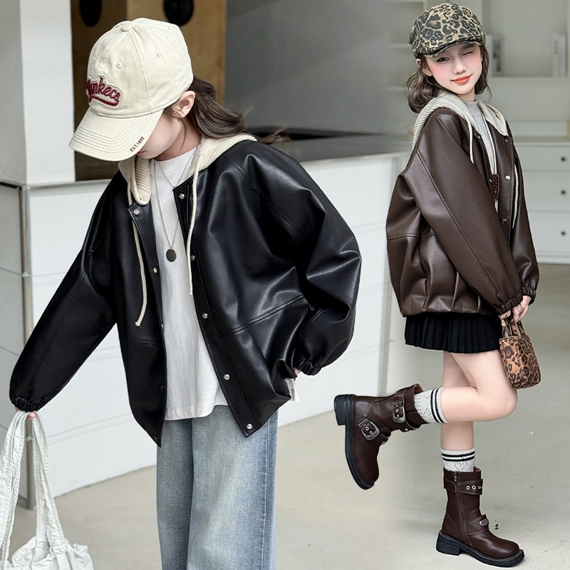 女童外套春秋款2025新款洋气小女孩可拆卸帽子皮衣儿童长袖上衣潮