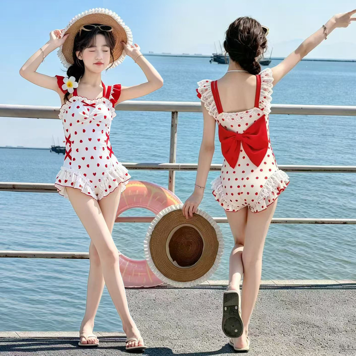 女童红色波点连体泳衣2026新款甜美蝴蝶结花边洋气女孩儿童游泳装