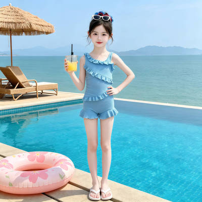 女童夏款波点荷叶边连体泳衣