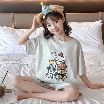 夏季薄纯棉女童短袖短裤卡通睡衣