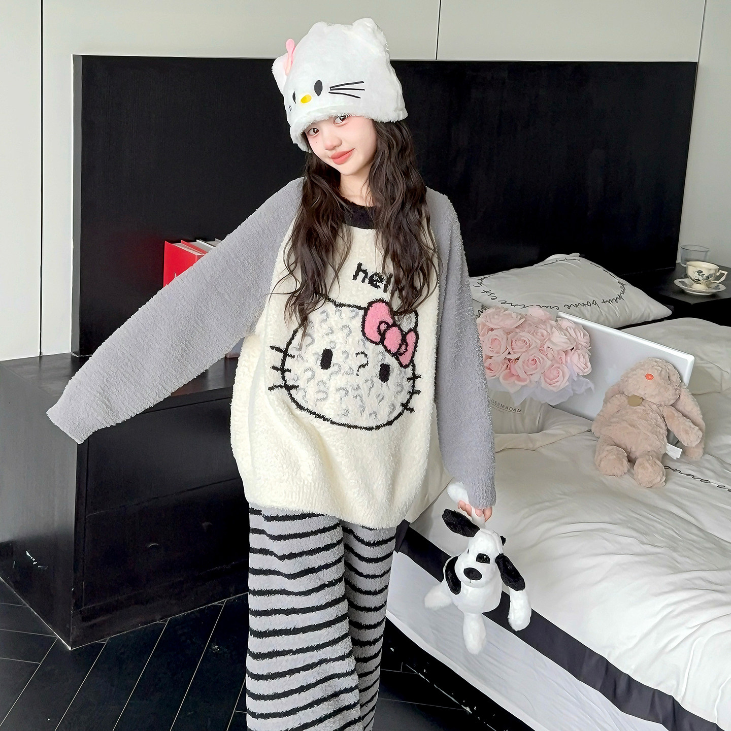 秋冬款可爱卡通女童半边绒睡衣加厚保暖可外穿洋气套头家居服套装