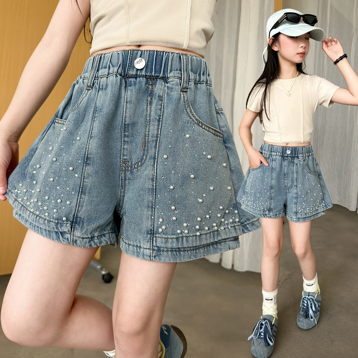 儿童韩版重工珍珠牛仔短裤女童夏季高腰松紧腰宽松百搭裙子裤裙裤