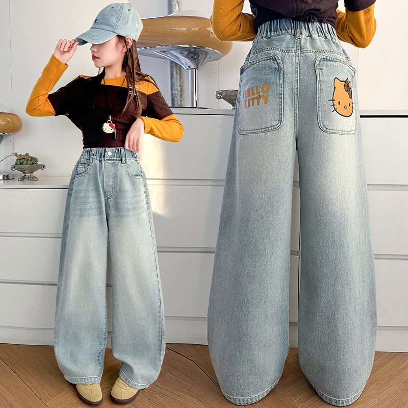春秋女童时尚长裤2026新款牛仔阔腿裤中大童松紧腰直筒长裤洋气潮,童装/婴儿装/亲子装,裤子,淘宝优惠券,粉丝福利购,淘宝优惠卷