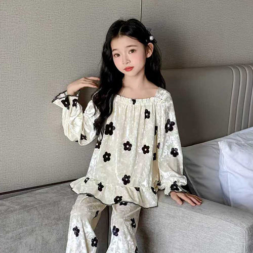 女童金丝绒长袖公主花边家居服