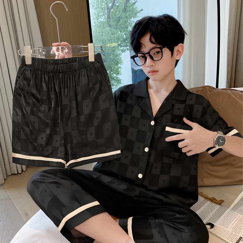 夏男童冰丝帅气短袖长裤睡衣套装