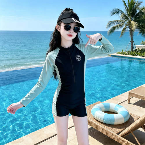 女童防晒速干长袖短裤连体泳衣