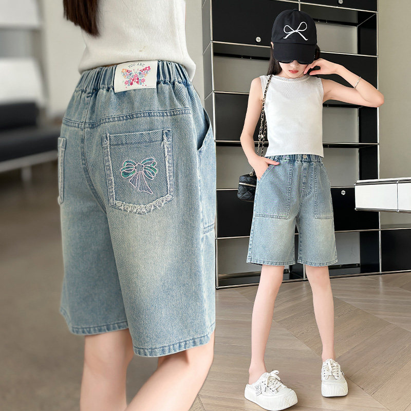女童牛仔短裤夏季新款绣花薄款牛仔中裤夏装外穿百搭儿童休闲裤子