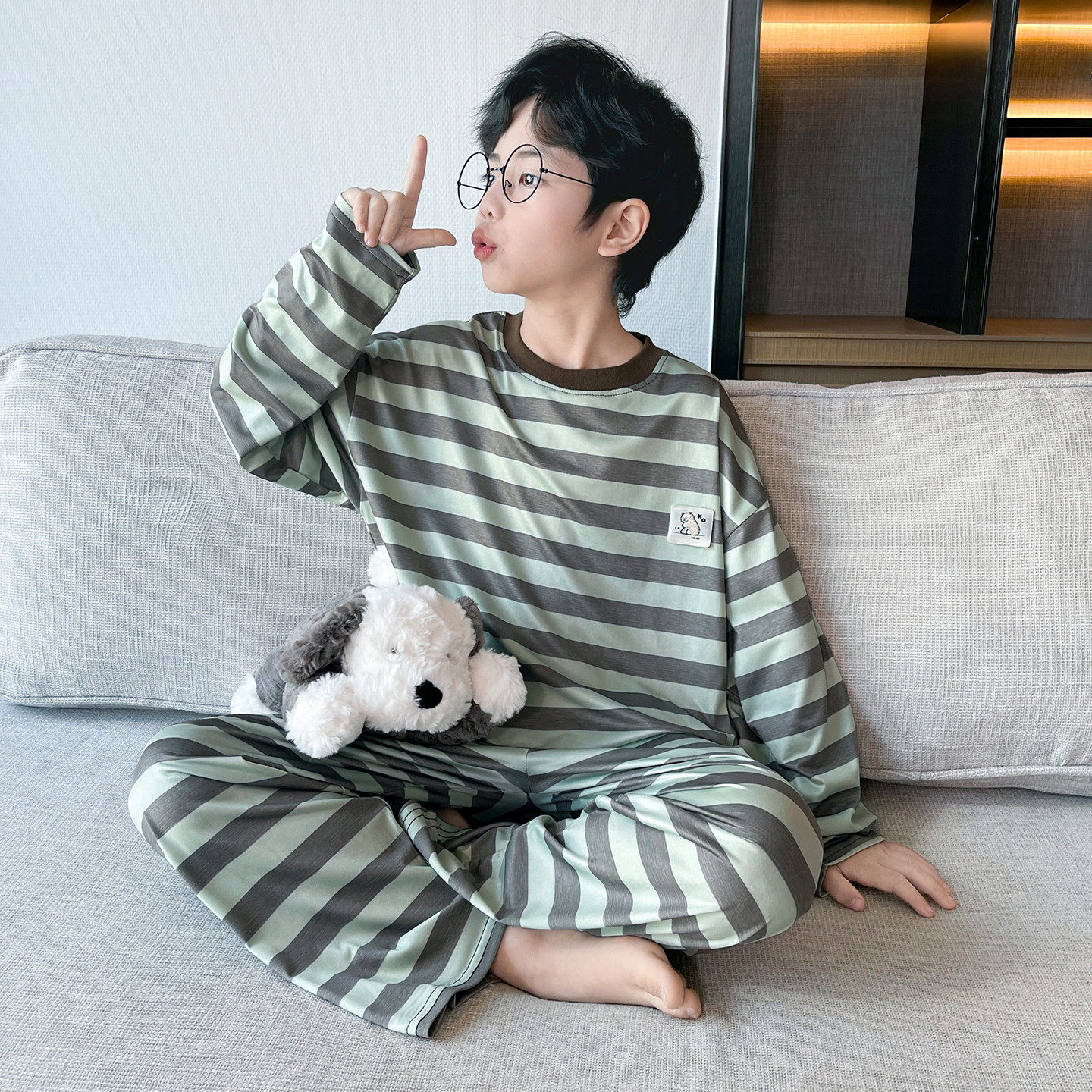 薄款男童条纹家居服套装春秋长袖长裤青少年可外穿休闲洋气睡衣夏,童装/婴儿装/亲子装,家居服套装,淘宝优惠券,粉丝福利购,淘宝优惠卷