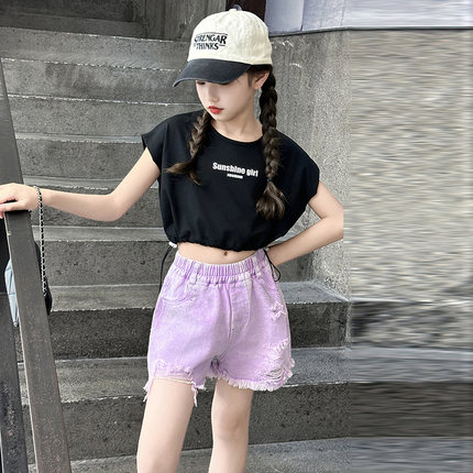 女童短款短袖2025夏季新款露脐上衣潮酷时髦薄款T恤街舞洋气爵士