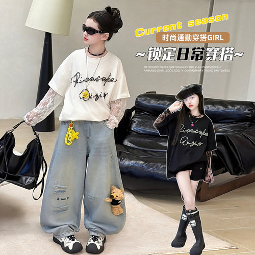 春夏女童假两件蕾丝宽松短袖T恤