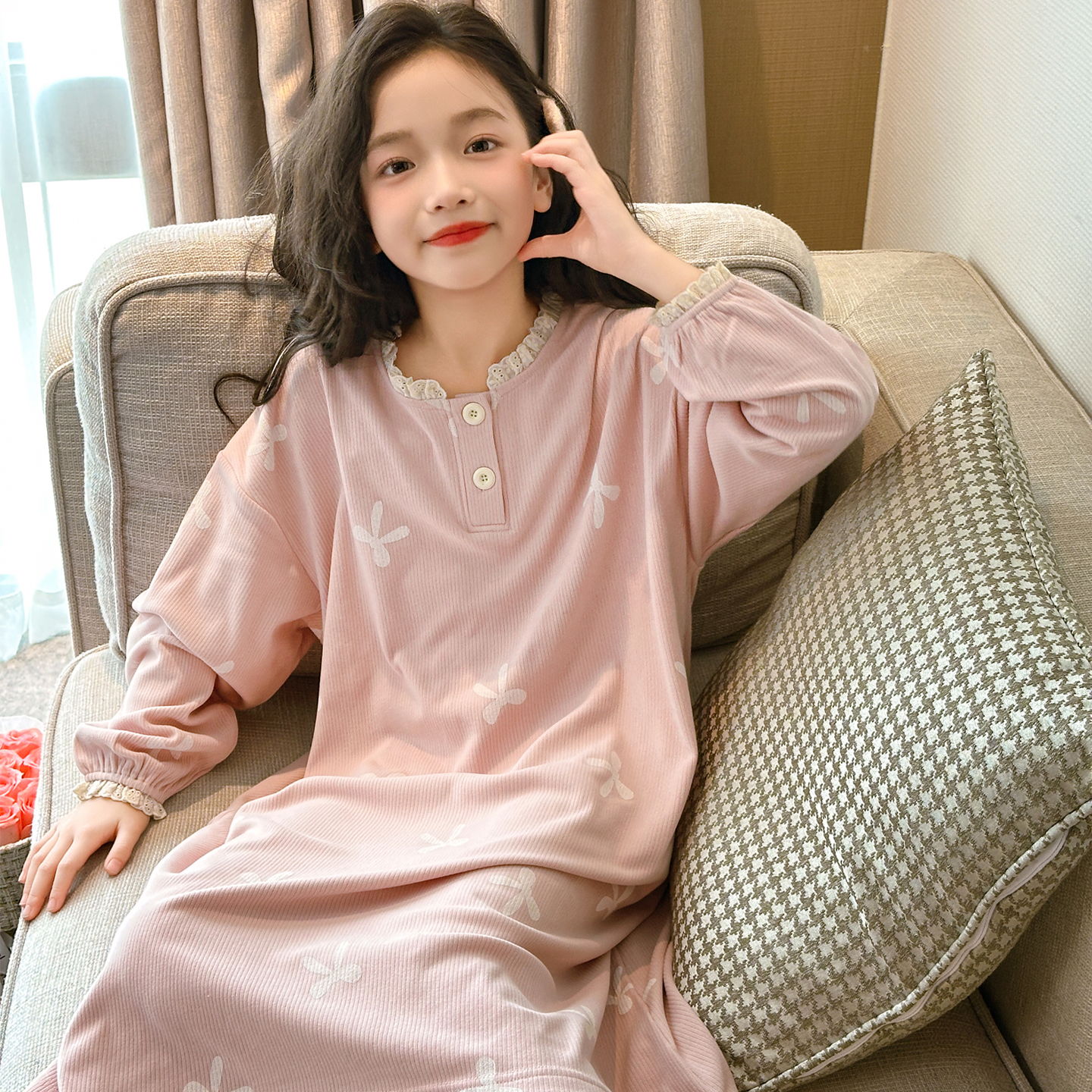 女童睡裙秋冬装德绒加厚磨毛家居裙儿童冬季长款保暖睡衣长袖裙子