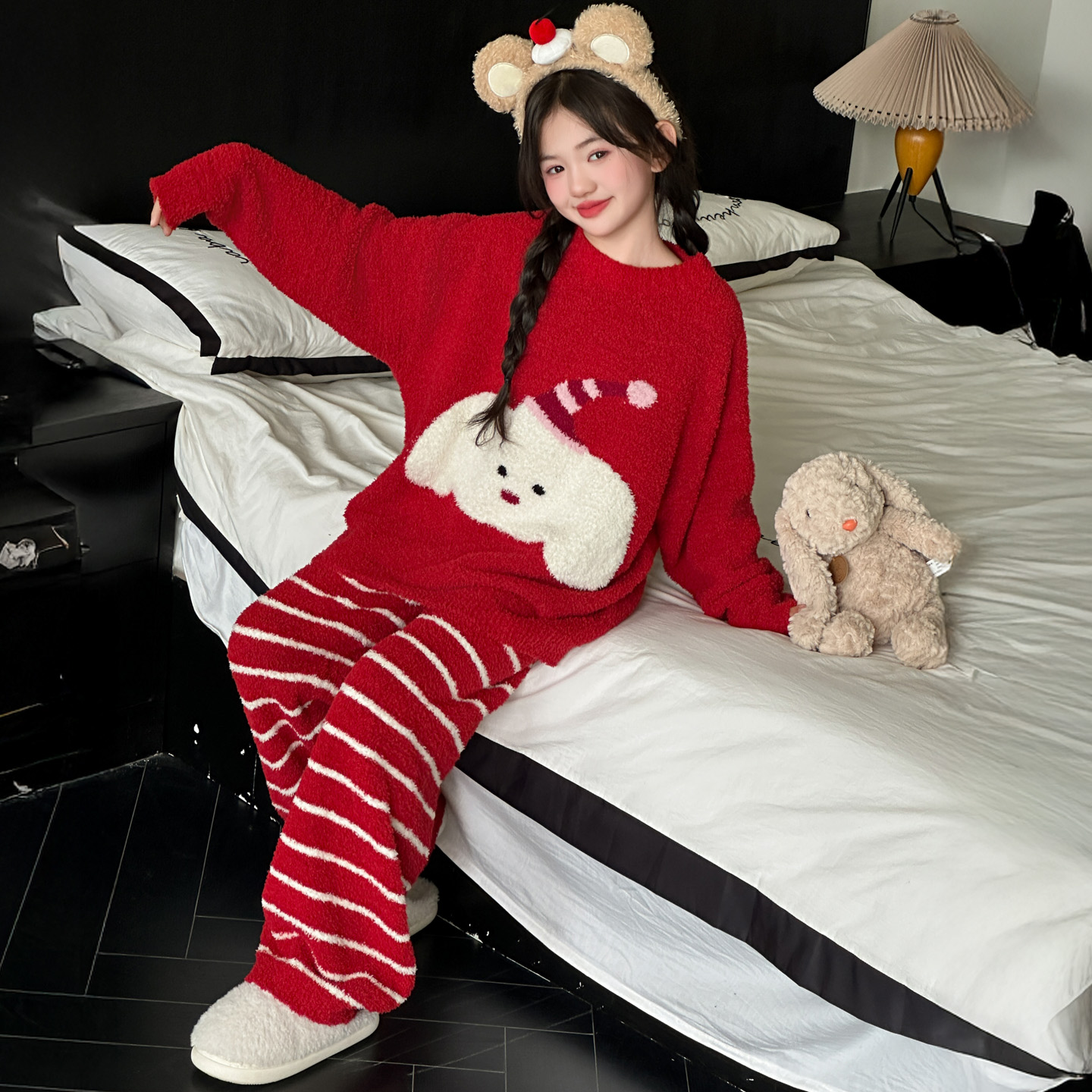 冬季儿童睡衣套装女孩半边绒红色